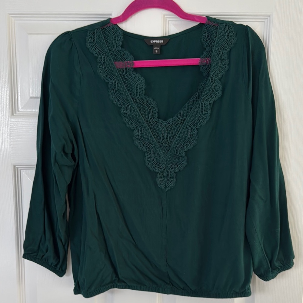 Express Women's Deep Green Lace V-Neck Blouse